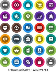 White Solid Icon Set- credit card vector, wallet, new, open, closed, shopping bag, percent, market, support, target, buy, barcode, cashbox, receipt, basket, cart, trolley, delivery, catalog, clothes