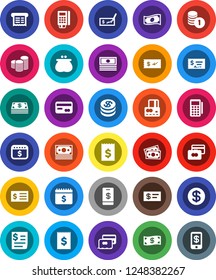 White Solid Icon Set- credit card vector, cash, coin stack, check, receipt, dollar calendar, money, wallet, reader, tap pay