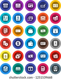 White Solid Icon Set- credit card vector, cash, coin stack, check, receipt, dollar calendar, money, wallet, reader, tap pay