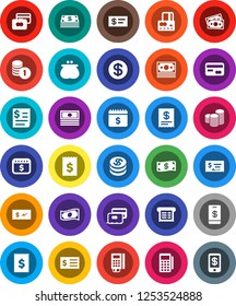 White Solid Icon Set- credit card vector, cash, coin stack, check, receipt, dollar calendar, money, wallet, reader, tap pay