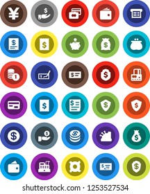 White Solid Icon Set- credit card vector, wallet, money bag, piggy bank, investment, coin stack, check, receipt, dollar shield, any currency, yen sign, cashbox