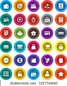 White Solid Icon Set- credit card vector, dollar coin, wallet, cash, sale, closed, shopping bag, store, mall, support, target, buy, reader, cashbox, receipt, basket, cart, home, calculator, auction