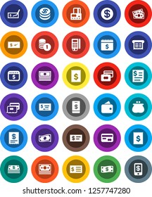 White Solid Icon Set- credit card vector, cash, coin stack, check, receipt, dollar calendar, money, wallet, reader, tap pay