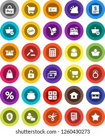 White Solid Icon Set- credit card vector, wallet, sale, shopping bag, percent, market, customer, support, buy, reader, cashbox, receipt, basket, cart, home, calculator, auction, trolley, unlock