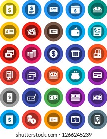 White Solid Icon Set- credit card vector, cash, coin stack, check, receipt, dollar calendar, money, wallet, reader, tap pay