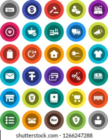 White Solid Icon Set- credit card vector, dollar coin, cash, new, open, 24 hour, shopping bag, store, mall, customer, barcode, cashbox, basket, cart, home, auction, delivery, mail, catalog, coupon