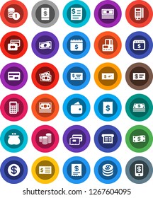 White Solid Icon Set- credit card vector, cash, coin stack, check, receipt, dollar calendar, money, wallet, reader, tap pay