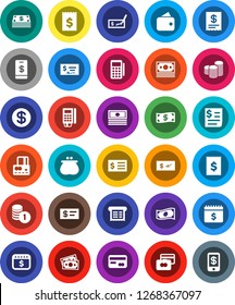 White Solid Icon Set- credit card vector, cash, coin stack, check, receipt, dollar calendar, money, wallet, reader, tap pay