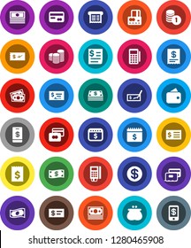 White Solid Icon Set- credit card vector, cash, coin stack, check, receipt, dollar calendar, money, wallet, reader, tap pay
