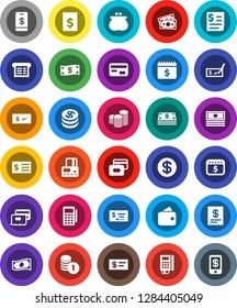 White Solid Icon Set- credit card vector, cash, coin stack, check, receipt, dollar calendar, money, wallet, reader, tap pay