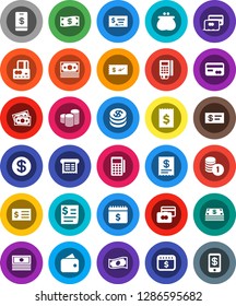 White Solid Icon Set- credit card vector, cash, coin stack, check, receipt, dollar calendar, money, wallet, reader, tap pay