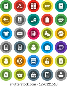White Solid Icon Set- credit card vector, wallet, money bag, sale, open, shopping, market, mall, customer, support, target, buy, reader, basket, list, calculator, auction, catalog, unlock, tap pay