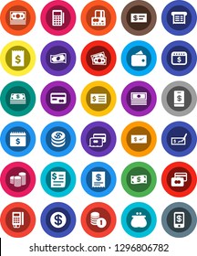 White Solid Icon Set- credit card vector, cash, coin stack, check, receipt, dollar calendar, money, wallet, reader, tap pay