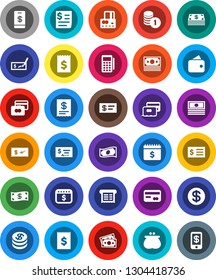 White Solid Icon Set- credit card vector, cash, coin stack, check, receipt, dollar calendar, money, wallet, reader, tap pay