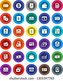 White Solid Icon Set- credit card vector, cash, coin stack, check, receipt, dollar calendar, money, wallet, reader, tap pay
