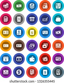 White Solid Icon Set- credit card vector, cash, coin stack, check, receipt, dollar calendar, money, wallet, reader, tap pay