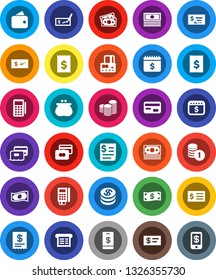 White Solid Icon Set- credit card vector, cash, coin stack, check, receipt, dollar calendar, money, wallet, reader, tap pay