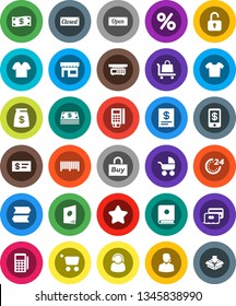 White Solid Icon Set- credit card vector, cash, star, money bag, open, closed, 24 hour, percent, store, support, buy, barcode, reader, receipt, cart, trolley, catalog, unlock, check, tap pay, scales
