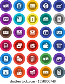 White Solid Icon Set- credit card vector, cash, coin stack, check, receipt, dollar calendar, money, wallet, reader, tap pay