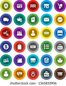 White Solid Icon Set- credit card vector, dollar coin, sale, new, open, shopping bag, market, store, mall, customer, support, buy, barcode, cashbox, basket, trolley, delivery, mail, catalog, coupon