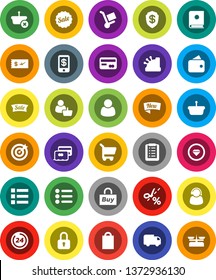 White Solid Icon Set- credit card vector, wallet, sale, new, 24 hour, shopping bag, customer, support, target, buy, cashbox, basket, cart, list, trolley, delivery, catalog, lock, check, tap pay