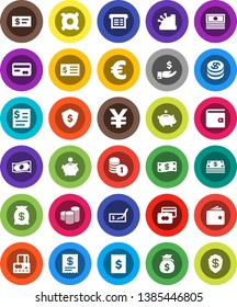 White Solid Icon Set- credit card vector, wallet, cash, money bag, piggy bank, investment, coin stack, check, receipt, dollar shield, any currency, euro sign, yen, cashbox