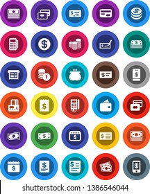 White Solid Icon Set- credit card vector, cash, coin stack, check, receipt, dollar calendar, money, wallet, reader, tap pay