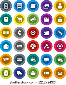 White Solid Icon Set- crisis vector, target, cent sign, barcode, credit card, wallet, money bag, new, open, closed, 24 hour, market, support, cashbox, basket, cart, shopping list, auction, delivery