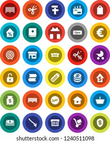 White Solid Icon Set- crisis vector, percent growth, dollar, target, euro sign, barcode, gift, coin, cash, money bag, sale, open, shopping, store, receipt, basket, home, trolley, mail, catalog