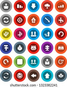 White Solid Icon Set- crisis vector, percent growth, dollar, target, arrow down, up, route, signpost, top sign, package, sorting, backward button, refresh, redo, undo, cloud upload, 24 hour