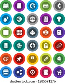 White Solid Icon Set- cutting board vector, bbq, mushroom, book, backpack, certificate, world, personal information, target, dollar flag, cent sign, earth, package, thumbtack, backward button, share