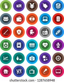 White Solid Icon Set- cutting board vector, notebook pc, graph, wallet, cash, dollar shield, yen sign, heart pulse, first aid kit, port, radio, tv, video camera, microphone, remote control, scalpel