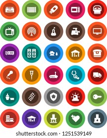 White Solid Icon Set- delivery vector, port, wood box, warehouse, antenna, tv, monitor, heart cross, flask, crutches, stethoscope, usb modem, router, chalet, barn, low price signboard, apartments