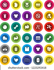 White Solid Icon Set- diet vector, scales, clipboard, bike, jump rope, horizontal bar, fitball, muscule hand, buttocks, swimsuite, t shirt, roller Skates, target, medal, pills, enegry drink, cereals