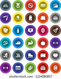White Solid Icon Set- diet vector, barbell, measuring, stadium, pills vial, bike, hand trainer, punching bag, muscule, boxing glove, shorts, roller Skates, medal, heart monitor, calendar, cereals