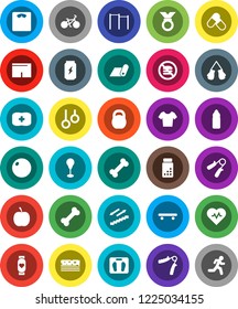 White Solid Icon Set- diet vector, scales, heart pulse, pills vial, bike, weight, hand trainer, horizontal bar, punching bag, fitball, boxing glove, shorts, t shirt, skateboard, medal, enegry drink