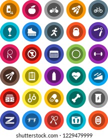 White Solid Icon Set- diet vector, barbell, measuring, scales, heart pulse, stadium, clipboard, pills vial, bike, weight, jump rope, hand trainer, horizontal bar, punching bag, roller Skates, bone