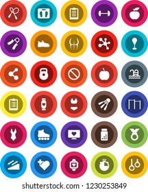 White Solid Icon Set- diet vector, barbell, scales, stopwatch, clipboard, pills vial, weight, jump rope, hand trainer, horizontal bar, punching bag, buttocks, snickers, swimsuite, roller Skates