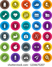 White Solid Icon Set- diet vector, barbell, measuring, heart pulse, stopwatch, pills vial, bike, jump rope, hand trainer, punching bag, muscule, swimsuite, roller Skates, skateboard, enegry drink