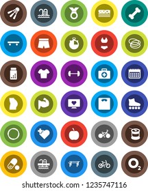 White Solid Icon Set- diet vector, barbell, scales, stopwatch, pills vial, bike, horizontal bar, muscule hand, buttocks, shorts, swimsuite, t shirt, roller Skates, skateboard, medal, calendar, pool