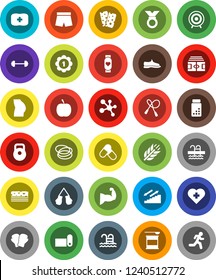 White Solid Icon Set- diet vector, barbell, stadium, pills vial, weight, jump rope, muscule hand, buttocks, snickers, boxing glove, shorts, target, medal, sports nutrition, molecule, heart monitor