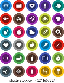 White Solid Icon Set- diet vector, barbell, stopwatch, hand trainer, horizontal bar, muscule, buttocks, shorts, swimsuite, t shirt, roller Skates, water bottle, fitness mat, heart cross, oxygen