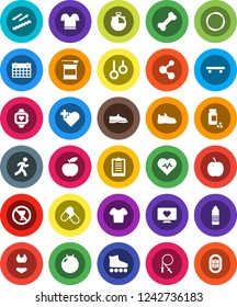 White Solid Icon Set- diet vector, heart pulse, stopwatch, clipboard, pills vial, jump rope, fitball, snickers, swimsuite, t shirt, roller Skates, skateboard, sports nutrition, molecule, monitor