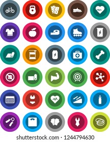 White Solid Icon Set- diet vector, measuring, scales, heart pulse, bike, weight, hand trainer, punching bag, muscule, snickers, boxing glove, swimsuite, t shirt, roller Skates, target, enegry drink