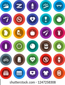 White Solid Icon Set- diet vector, measuring, heart pulse, stadium, stopwatch, pills vial, bike, hand trainer, punching bag, fitball, buttocks, swimsuite, t shirt, skateboard, sports nutrition, hoop