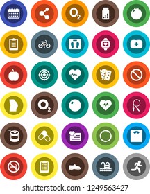 White Solid Icon Set- diet vector, scales, heart pulse, clipboard, pills vial, bike, jump rope, fitball, buttocks, snickers, target, sports nutrition, molecule, monitor, calendar, breads, pool, hoop