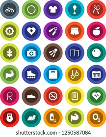 White Solid Icon Set- diet vector, scales, heart pulse, clipboard, pills vial, bike, weight, jump rope, hand trainer, horizontal bar, punching bag, fitball, muscule, snickers, shorts, t shirt, medal