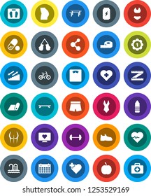 White Solid Icon Set- diet vector, barbell, measuring, scales, heart pulse, bike, horizontal bar, buttocks, snickers, boxing glove, shorts, swimsuite, skateboard, medal, pills, enegry drink, pool