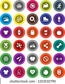 White Solid Icon Set- diet vector, barbell, heart pulse, bike, weight, jump rope, hand trainer, fitball, muscule, buttocks, boxing glove, swimsuite, t shirt, roller Skates, target, medal, molecule