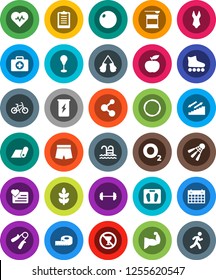 White Solid Icon Set- diet vector, barbell, measuring, scales, heart pulse, clipboard, bike, hand trainer, punching bag, fitball, muscule, boxing glove, shorts, swimsuite, roller Skates, molecule